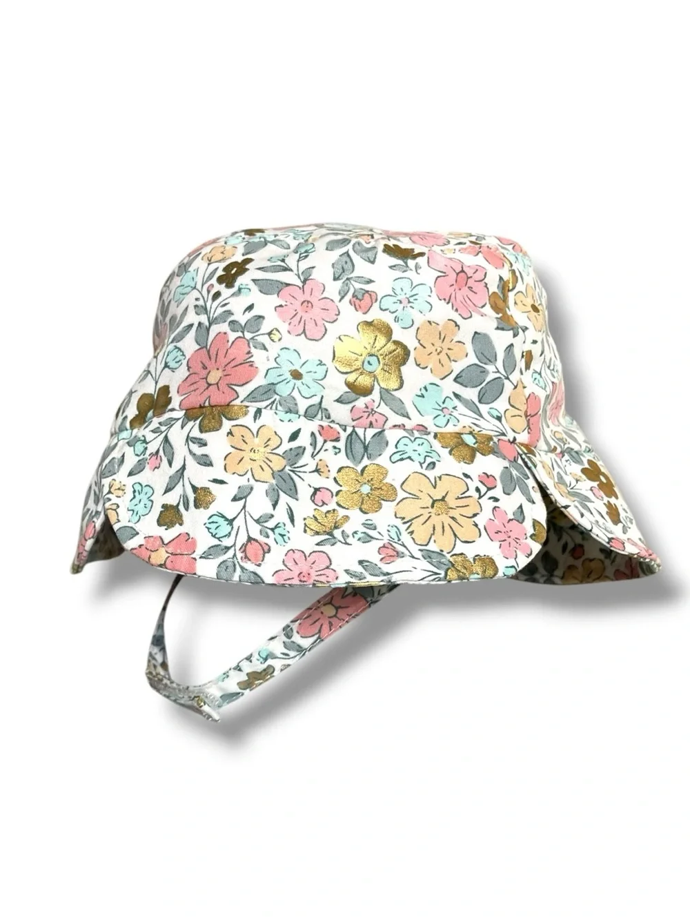 Floral Sun Hat Pink Gold Pastel Bucket Hat Tie Strap Baby Toddler Cottagecore